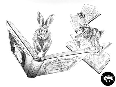 Escaping from the Pages action book chase editorial illustration fantasy fineliner handdrawn hunting illustration ink pencildog rabbit traditional media wolf