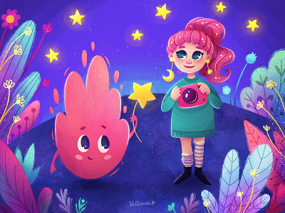 Young photographer Anna and her friend. Children's Illustration art artist character child children concept design fairytale fantasy floral flowers girl illustration leaves photographer pink star violet woman