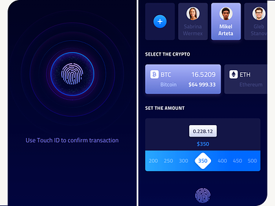 send crypto around border blue b2c banking tools commissions confirm transaction finance widget ios style design iphone app mobile app password app pick product school price select coins app select crypto tools send crypto set amount touch id ux wallet app design
