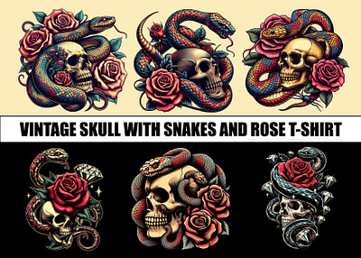 VINTAGE SKULL WITH SNAKES AND ROSE T-SHIRT skullart
