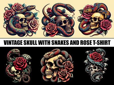 VINTAGE SKULL WITH SNAKES AND ROSE T-SHIRT skullart