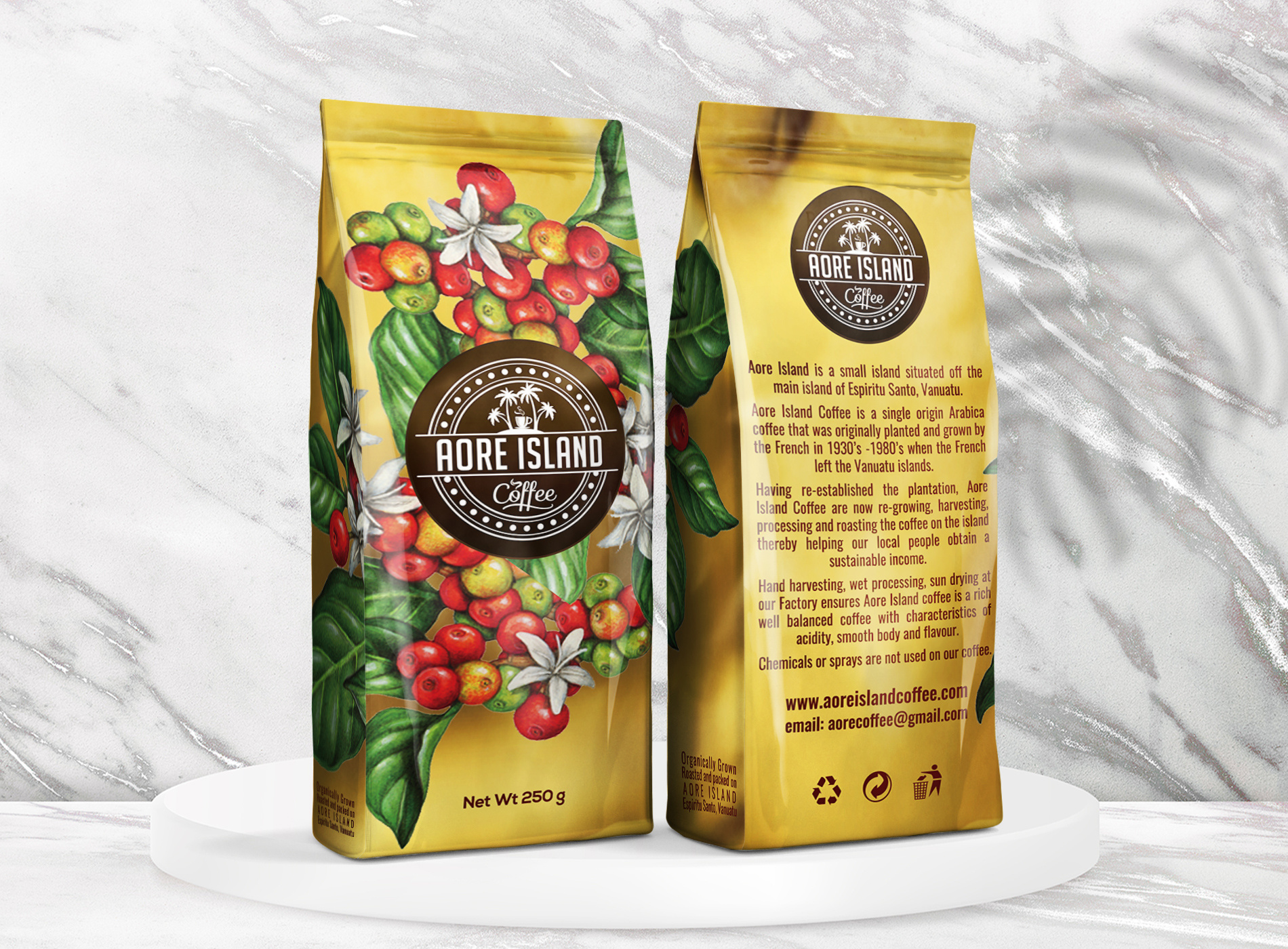 Aore Island Coffee branding coffee coffee bag design emballage graphic design label logo package packaging pouch