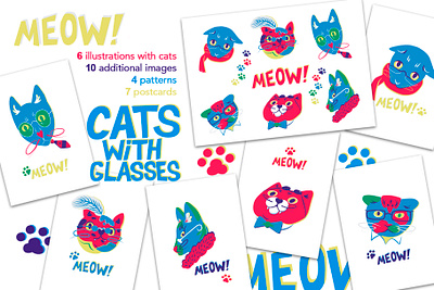 Funny Cats with Glasses cat cat illustration character design children illustration design illustration portrait postcards sticker