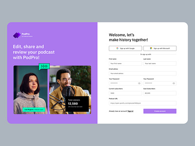 Sign up/Sign in Screen - Podcast Platform PodPro® account cards create create account dashboard design form login platform podcast podcast platform register sign sign in sign up signup ui