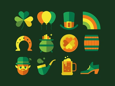 Saint Patrick's day icon set balloons barrel beer celebration clover coin day design green hat horseshoe icon set icons illustration leo alexandre leprechaun rainbow saint patrick st patrick vector