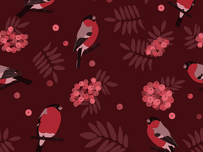 Autumn bullfinch and mountain ash autumn berries birds bullfinch burgundy design fall background fowl graphic design illustration mountain ash red rowan rowanberry seamless pattern twigs vector vector illustration winter vibes