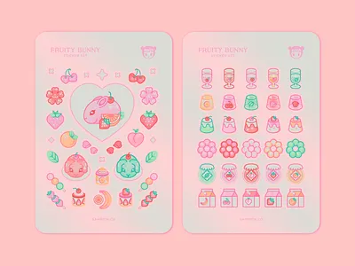 Fruity Bunny Sticker Sheets blossom bunny character design cherry cute dessert flan girly hello kitty illustration jello jelly kawaii kiss cut kitty milk mochi pastel pink pusheen