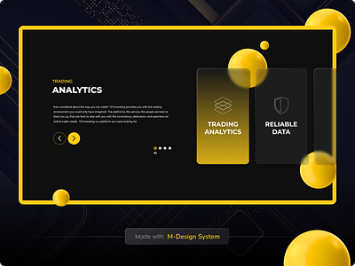 Slider (Carousel) for Fintech Landing Page 3d analytics black cards carousel design system features finance fintech glass glassmorphism icons landing page section slider trading ui kit web website yellow