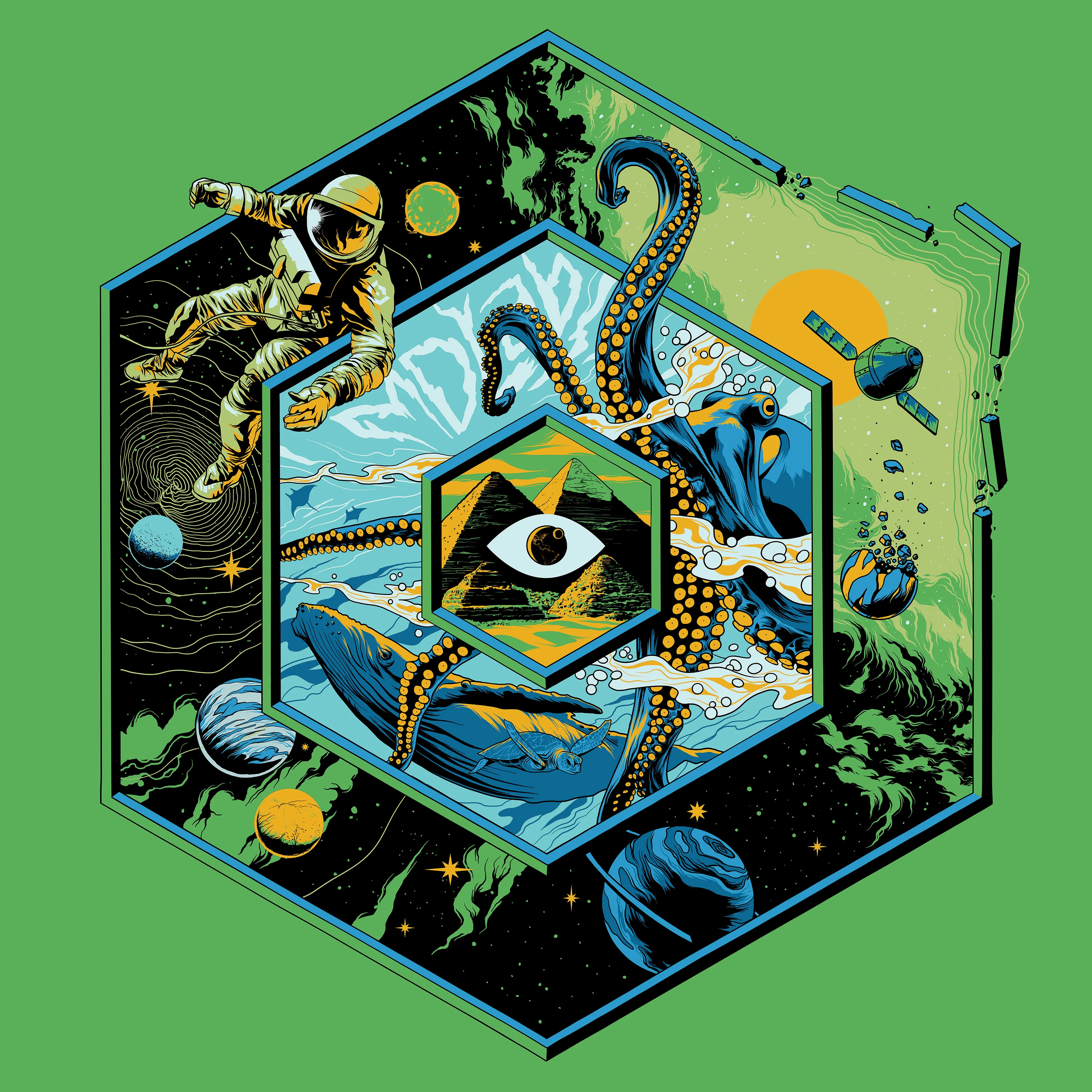 Portals 3 (Space Green) astronaut design illustration multi dimension octopus space