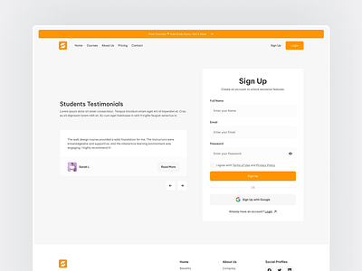 Sign up / Create Account Page Design of Online Education Website beige clean create account education learning light minimal new online orange page sign up sign up page signup signup page template testimonial ui web website