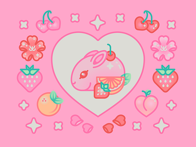 Fruity Bunny Sticker Design blossom bunny cherry cute dessert fruit fruity girly illustration jello jelly kawaii orange peach petal pink rose sparkle stickers strawberry