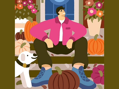 Belated Fall Illustration autumn fall front porch house pumpkin puppy