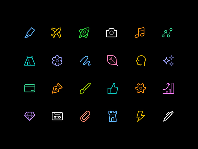 Symbols / Icons airplane brush camera cassette chart credit card diamond face flower icons marker music note pen rocket scribble settings stars tent thumbs up