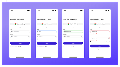 Mobile Login UI in four different states app ui design login ui mobile login screen ui uiux ux