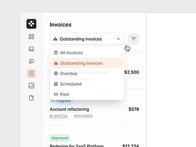 Invoice management app clean design details draw dropdown interface invoice menu minimal navigation product design saas select settings ui ui design ux ux design web