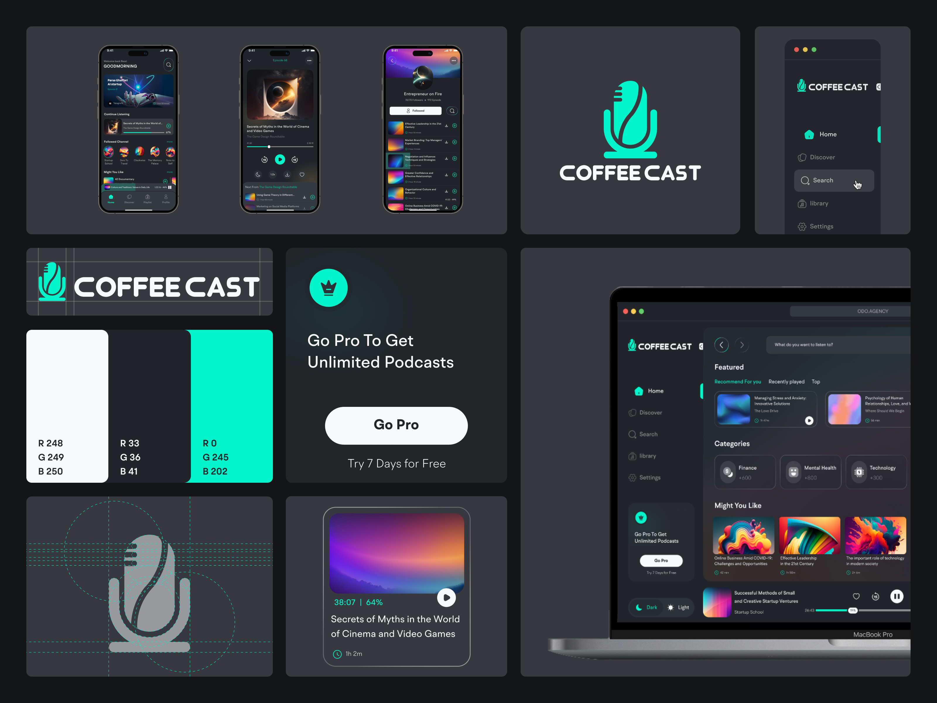 COFFEE CAST ☕️🎙 - Podcast Logo, app & dashboard Design abstract ai dashboard ai podcast branding dashboad design designer iphone design logo logo design player app podcast app podcast dashboard ui ui design uiux ux