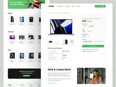 Collo - Website apple assortment gray gradient green imac iphone it quote lease it light layout macbook minimal product page product spesification products sale lease ui user interface web design website