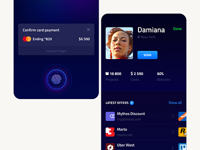 doing profile bonuses branding cards confirm costs doing profile done settings finance card graphic design icons product latest offers logo master card my profile finance app popup send button show all touch id confirm card ui ux