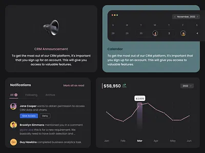 CRM Dashboard Components calendar chart component crm dashboard modal notifications popup sales web