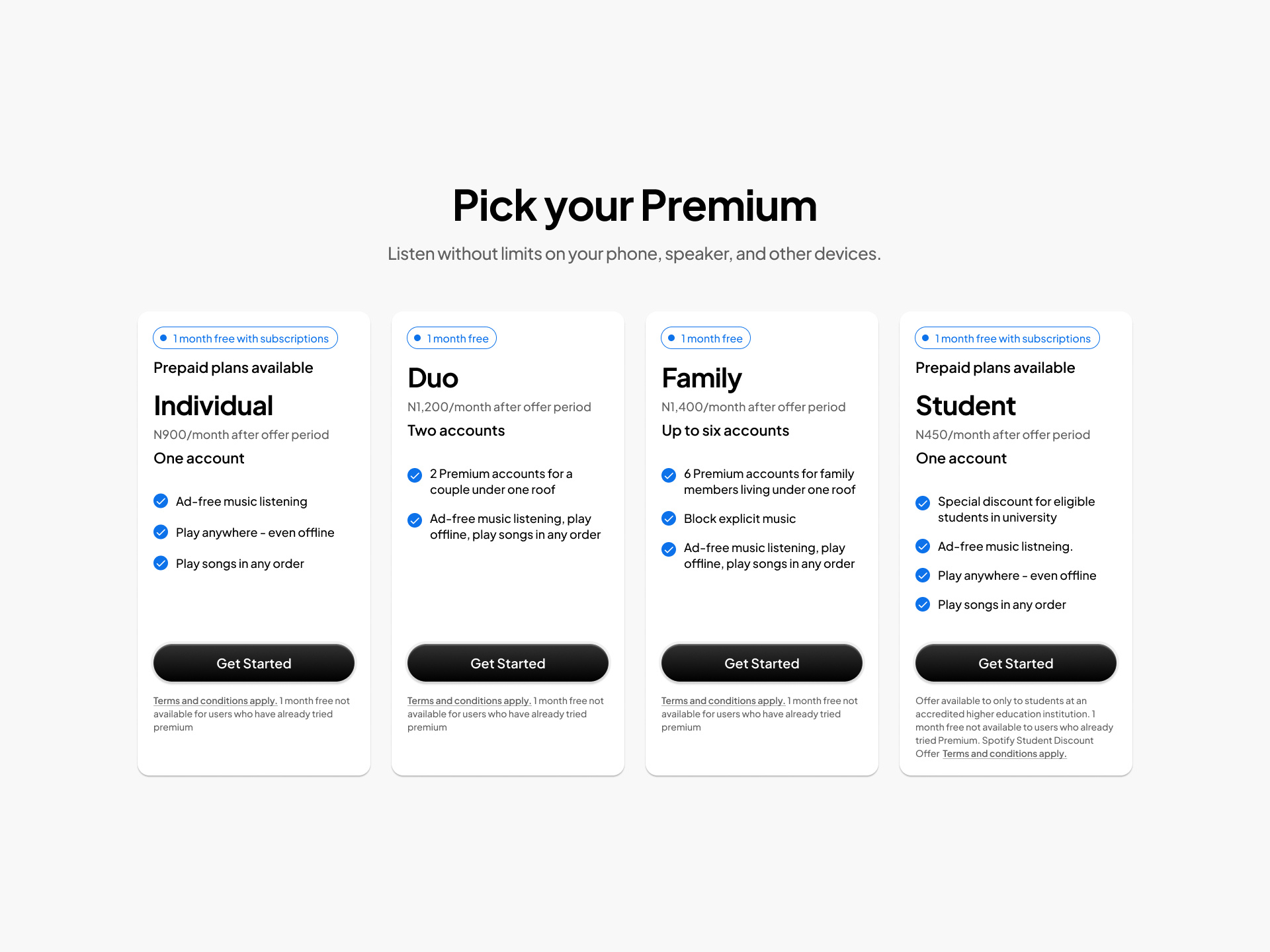 Spotify Pricing Plans design landingpage productdesign redesign spotify ui uidesign ux visualdesign webdesign webpage webui