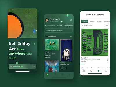 Global Art Marketplace! 🌍🎨 - Mobile app UI app art branding experience globalartmarket green illustration mobile paintings seamless sellart ui ux