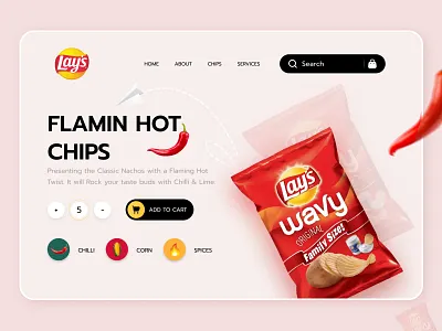 Lay's Hot Chips Hero Section cart clean design filter food lays lays heron section lays hot chips lays product logo namkin product potato chips lays serach ui wafers website