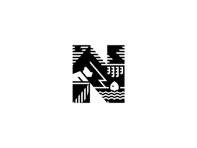 N Letter Nature Logo bear brand branding camp fish forest hand lake logo logotype mark montane n nature tree