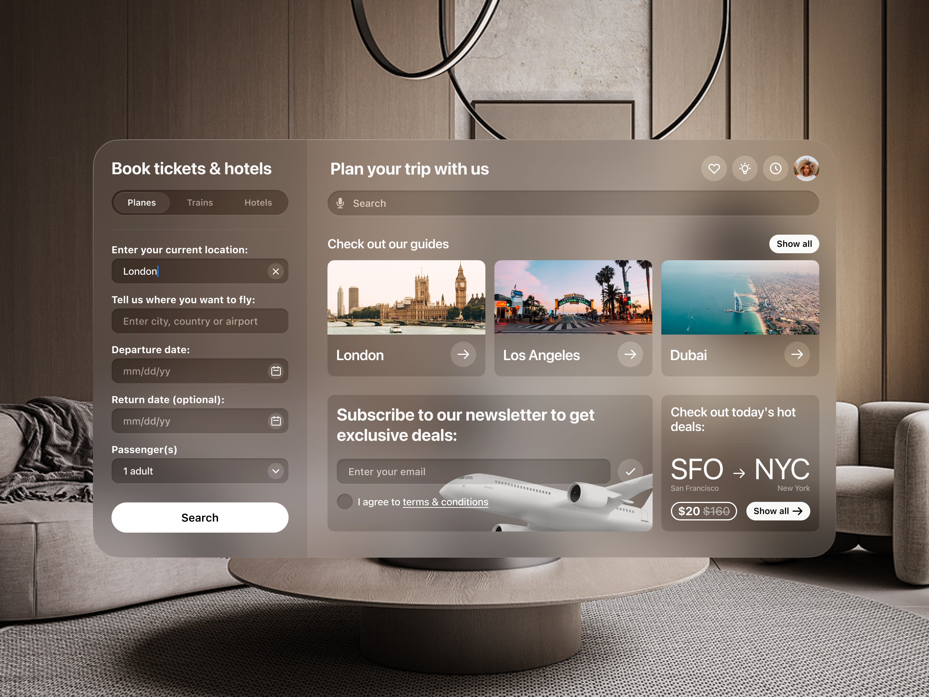 Travel App for VisionOS airplane tickets app design apple ar ar headset glass glass effect holiday service design travel app travel guide traveling travelling ui ux vacation visionos