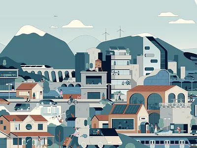 Reuters x Shell adobe illustrator advertising busy city carbon free city design editorial emissions energy illustration illustratoin daily mountains net zero procreate renewables reuters shell sustainable transport wind turbine
