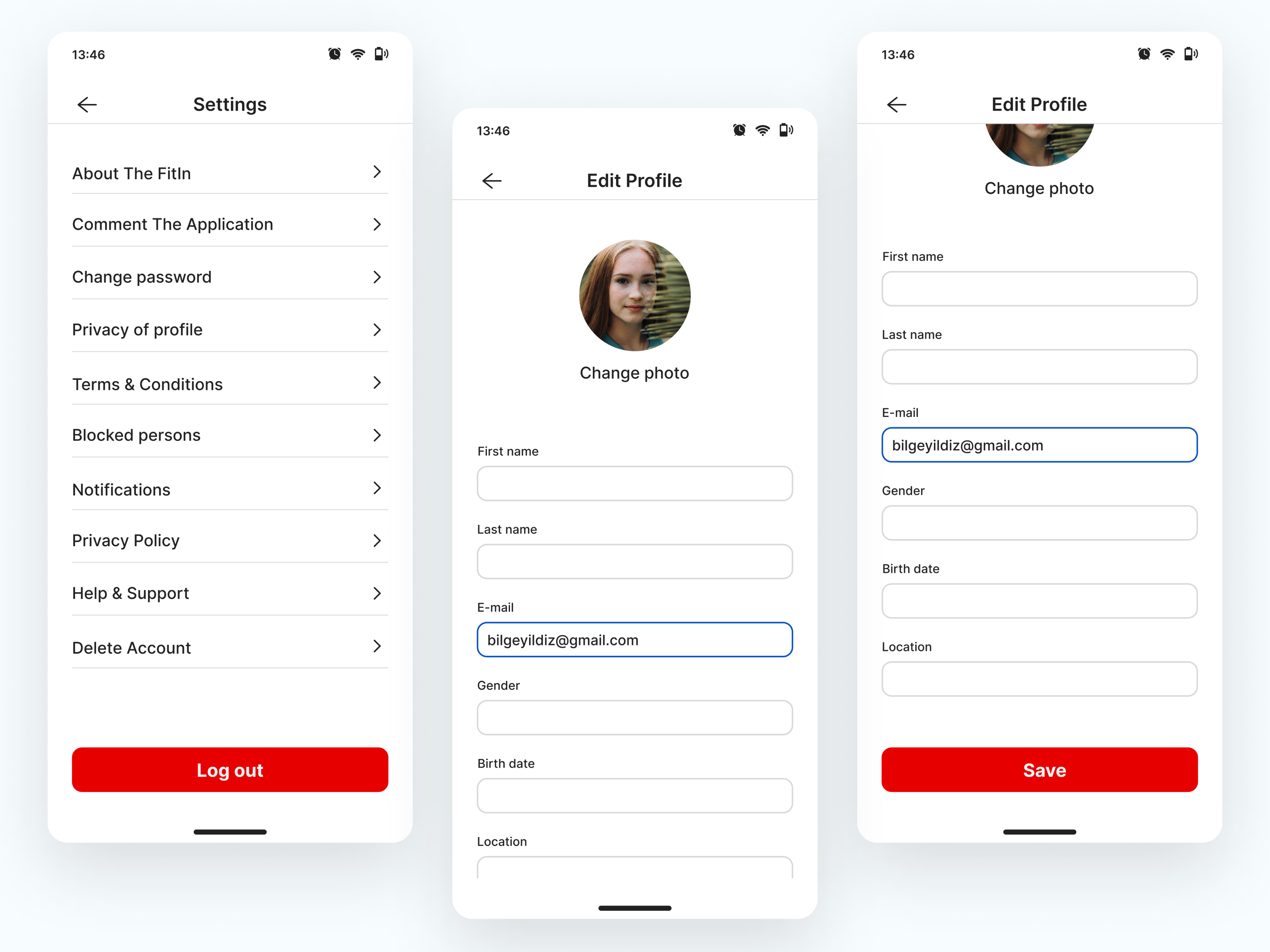 Example of Settings and Edit Profile Screens of FitIn