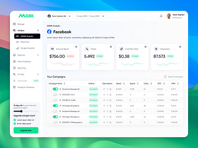 SaaS Dashboard - Mask branding dashboard design graphic design green listing logo marketing saas sales social socialmedia ui ux web