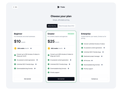 Ytube - Pricing Plans - Made by Design Beats Agency 3d animation branding graphic design logo motion graphics pricing ui