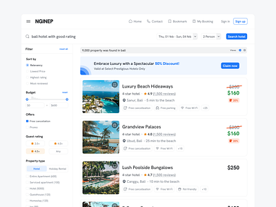 Hotel Search Results - Nginep branding dailyui design graphic design hotel page hotel search hotel site hotel web light mode screen typography ui ux