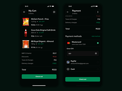 E-Cart App Ui Ux Design (Dark Mode) app billing cart clean dark mode design e cart e com app ecommerce minimal modern my cart payment payment screen scan product ui