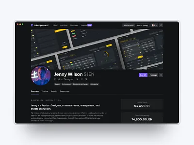 Talent Protocol Alpha MVP blockchain crypto dark mode defi product design profile social tokens user experience user interface web3