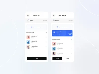 Upload artworks | Karisma NFT kit artwork audio character filter image kit mint nft progress bar sort step time remaining ui upload video wizard