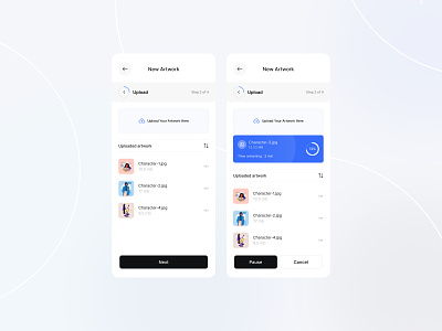Upload artworks | Karisma NFT kit artwork audio character filter image kit mint nft progress bar sort step time remaining ui upload video wizard