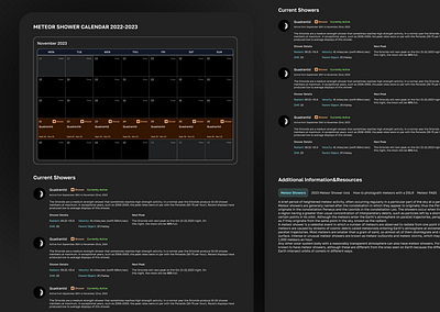 Meteor Shower Calendar amsmeteors calendar redesign ui ux