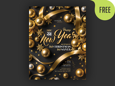 Free Happy New Year Flyer PSD Template afisha ball banner celebration christmas christmas ball eve event festival flyer free freebie gold new year party placard postcard poster ribbon xmas