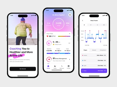 Activity & Workout Tracker App Design activity app chart clean design gradient graphic design health heart layout minimalist schedule sleep stress tracker ui design workout