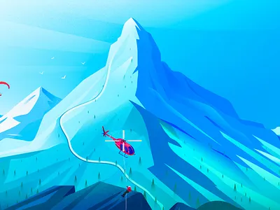 Mountain activities blue climbing helicopter hill hot air balloon illustration journey landscape light man mountain nature road ski snow travel vecror