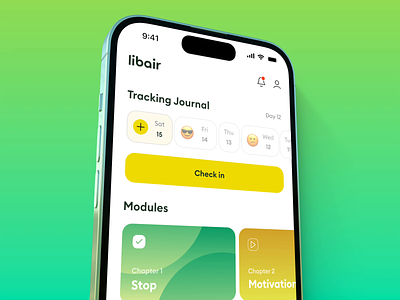 Libair - Daily Tracking Journal android app chatbot check in daily daily journal dashboard diary green home ios mobile mobile app notifications quit smoking tracking journal ui ux wellbeing yellow