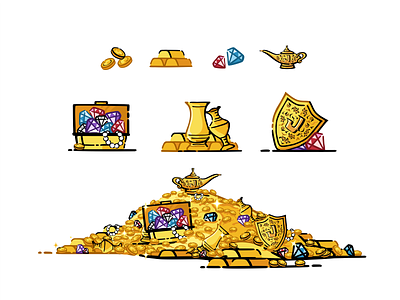 Jimmu the Genie branding cash chest coins design diamonds game genie gold gold bar gold lamp graphic design icon icon set illustration mmf money treasure vector web illustrations