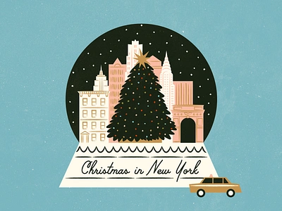 Christmas in New York Illustration brushed christmas empire state feminine hand drawn holiday illustration mid century new york nyc rockefeller skyline taxi texture travel tree trip vintage