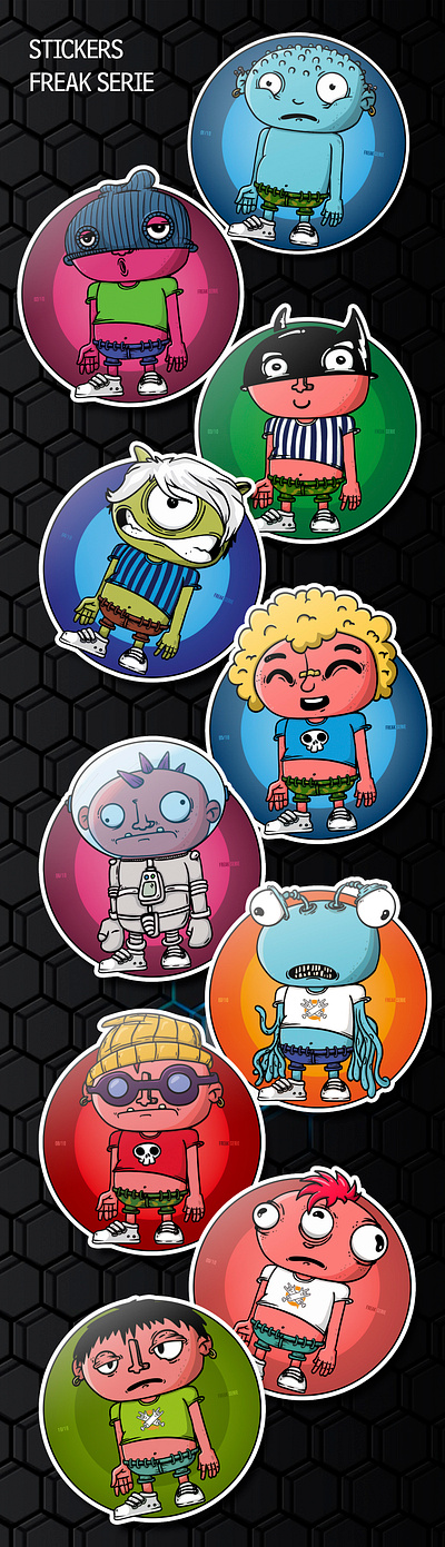 Stickers freak serie alien cartoon character characters colors illustrations spaceman stickers