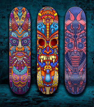 Skateboard masks color colors illustration inca mask maya robot skate skateboard warrior