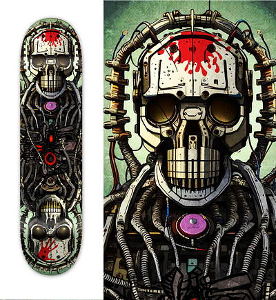 Metal skulls skateboard cyborg design illustration metal robot skate skateboard skeleton skull