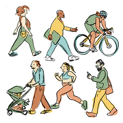 Folks on the street bicycle busy busy town commuter digital illustration folks illustration on the street parent pedestrian people portrait running seenonmywalk sketches of people streetstyle walking