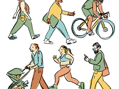 Folks on the street bicycle busy busy town commuter digital illustration folks illustration on the street parent pedestrian people portrait running seenonmywalk sketches of people streetstyle walking