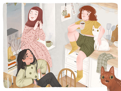 Girls night book illustrations cats character design characters coffee cozy cute design friends girls girls night illustration interior kitchen procreate